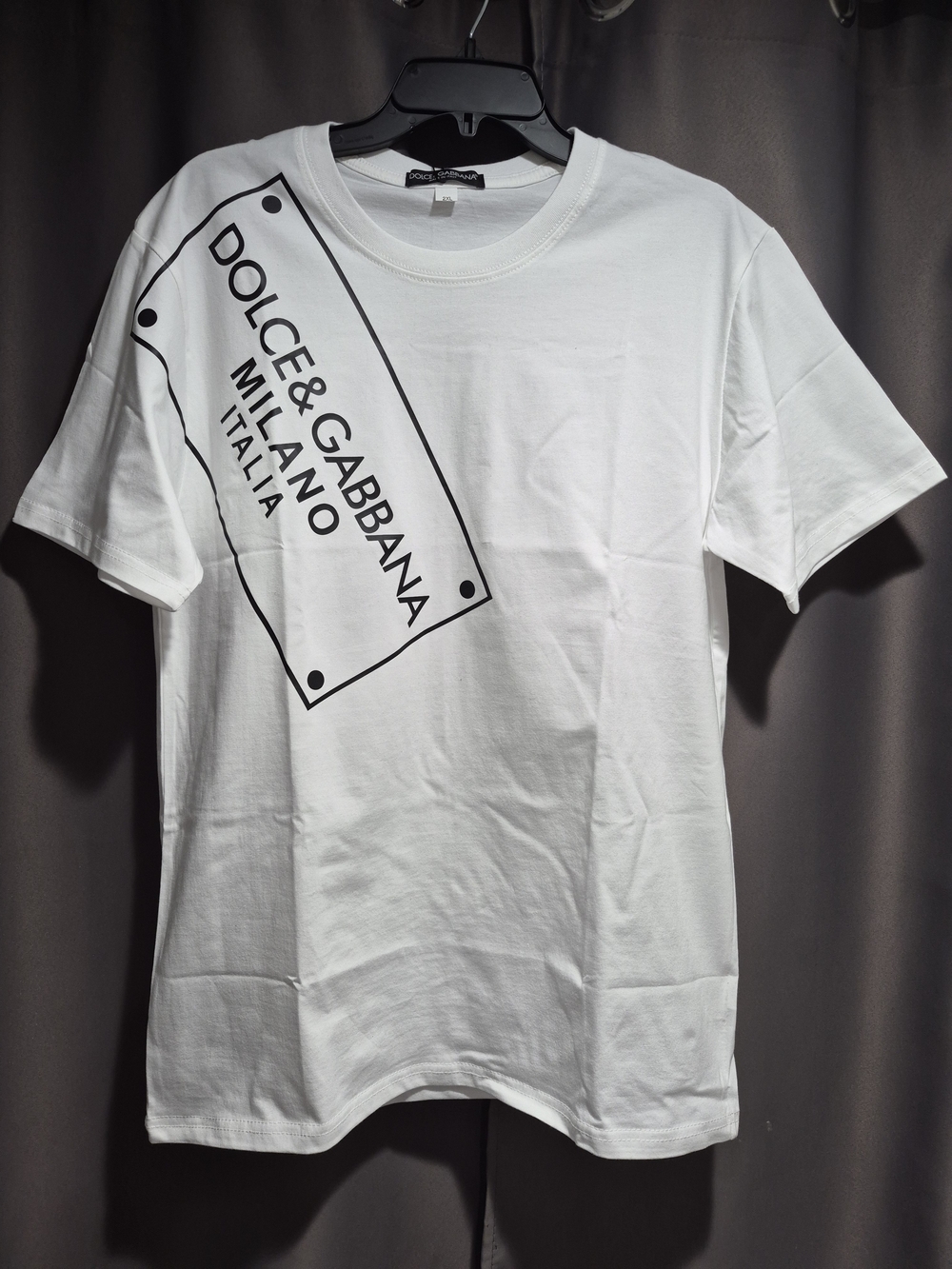 Dolce & Gabbana White Tee with Black Diagonal Logo Plaque - Picture 2 of 7